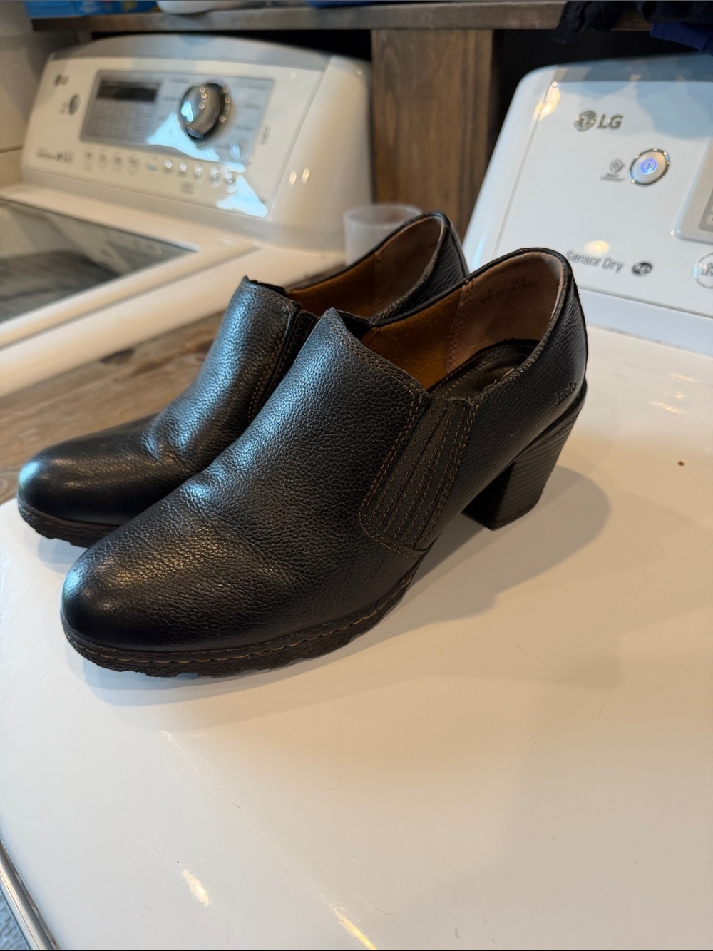 Black Leather Slip-On Ankle Booties with Block Heel